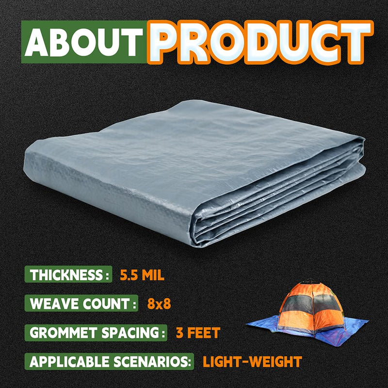 RAINDEWAY Tarps 8x10 Feet, 5.5 Mil - Multipurpose Waterproof Poly Tarp Cover with Metal Grommets and Reinforced Edges, Silver/Blue Tarp 8'×10'-Finished Size