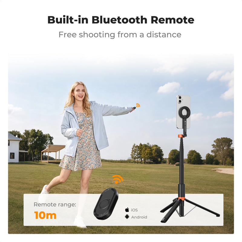 K&F CONCEPT Lightweight 71 inch Magnetic Selfie Stick Tripod | Portable Extendable, Bluetooth Remote, 3-Axis Adjustment Aluminium Vlog Rig Compatible with iPhone 17 16 15 14 Pro Max, MS18 Black