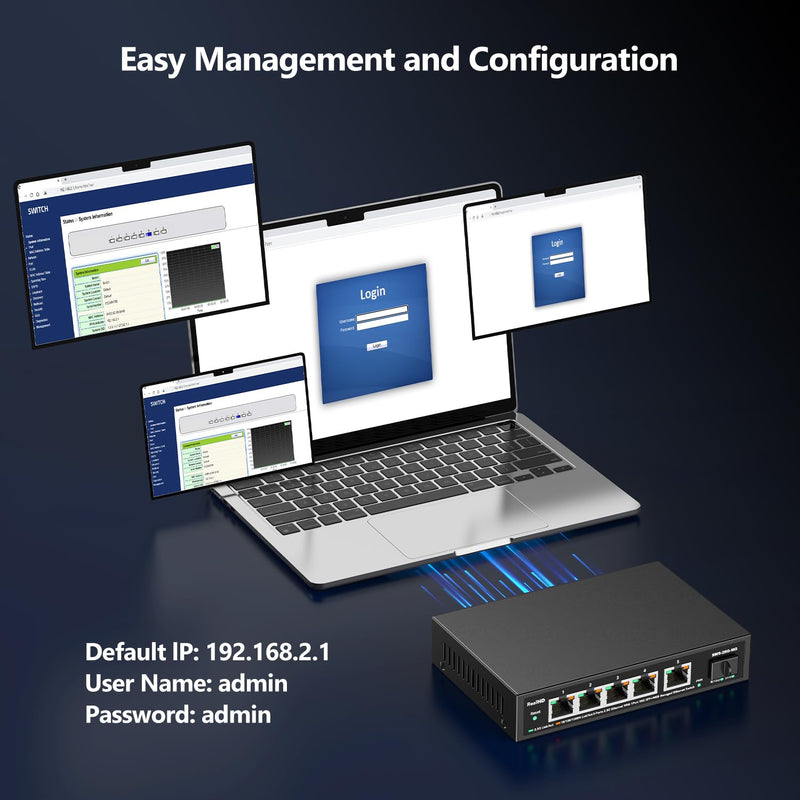 5 Port 2.5GB Web Managed Ethernet Network Switch | 5 x 2.5 Gigabit | 1 x 10Gb SFP+ | Multigig Switch 10-100-1000Mbps | 45G Bandwidth | Fanless Metal Internet Switch 5 Port 2.5GB Web Managed Switch