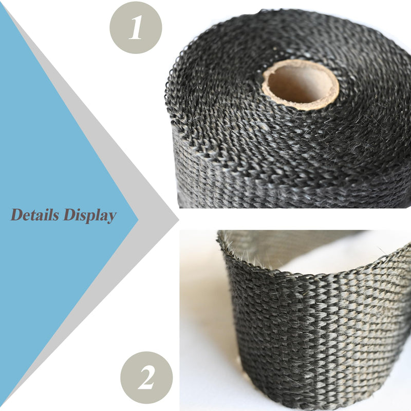 Exhaust Heat Tape Wrap, 2" x 16.5' Black Exhaust Heat Wrap Roll for Motorcycle Fiberglass Heat Shield Tape with Stainless Ties