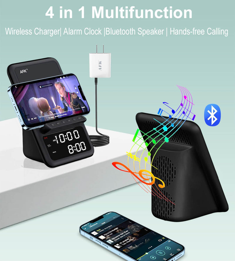 AFK Wireless Charging Station with Bluetooth Speaker and Alarm Clock,Wireless Charger Compatible with iPhone,Android Phones(Black) Black