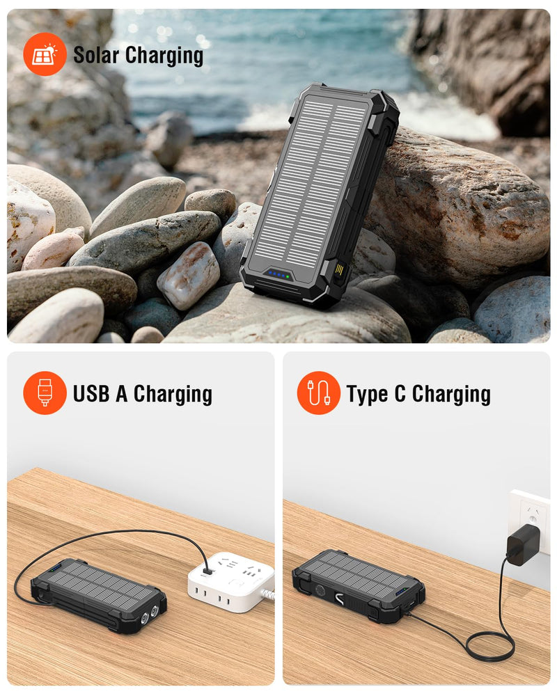 Solar Charger Power Bank, 42800mAh Wireless Portable Charger with USB-C in/Output, QC3.0 Fast Charging 15W 4 Ports Outdoor Battery Pack Built-in Dual Led Flashlights for iPhone Samsung etc Deep Black