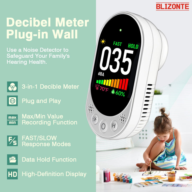 Decibel Meter Plug-in Wall, 3-in-1 Noise Detector(Noise,Temp and Humidity) with Fast/Slow Refresh Rate, MAX/MIN and Data Hold, 30–130 dBA Decibel Range for Rentals, Home, Classroom, Library White