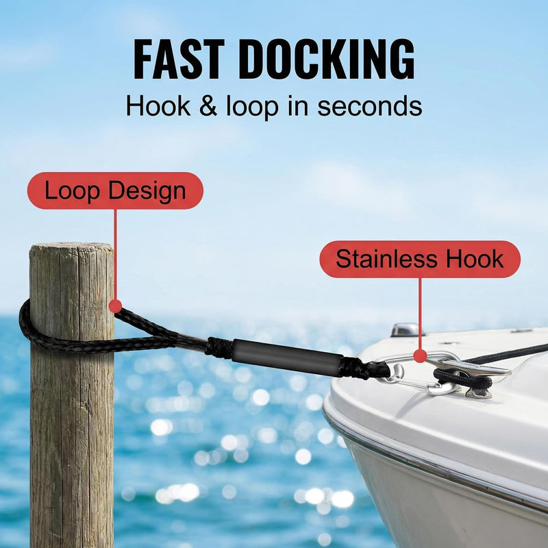 Bungee Dock Lines for Boats 3 FT, Heavy Duty Mooring Ropes with Clip, Shock Absorbing Tie Downs for Jet Ski, PWC, Kayak (2 Pack) Black 3ft