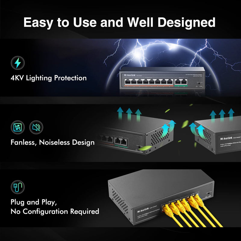 MokerLink 10 Port PoE Switch with 8 Port PoE+, 2 Fast Ethernet UpLink, 100Mbps, 120W 802.3af/at PoE, Fanless Plug & Play 8 PoE + 2 FE