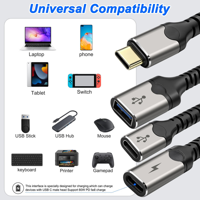 XMSJSIY Type-C Male to 2 USB-C Female& 1 USB-A Female Y Splitter Cable | 1 in 3 Out Charging Cable PD 60W Fast Charging and OTG Port Data Transfer Converter Cable - 30CM/11.8INCH