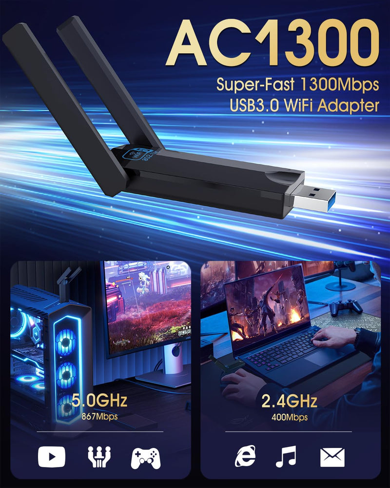 Wireless USB 3.0 WiFi Adapter for Desktop PC, AC 1300Mbps USB WiFi Dual-Band Network Adapter for PC with 400Mbps/2.4G 867Mbps/5G,Dual 5Dbi Antennas, Wireless WiFi Dongle for Windows11/10/8/7/Vista/XP