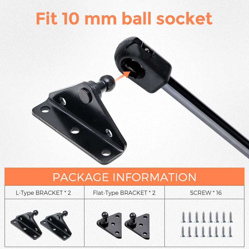 10MM Mounting Bracket, Gas Strut Spring Ball Stud, 2 Angled L-Type Mounts and 2 Flat-Type Mounts with 16 Screws, for Lift-o-mat Gas Shock Mounting Kits, Black by PAMAGOO 10mm