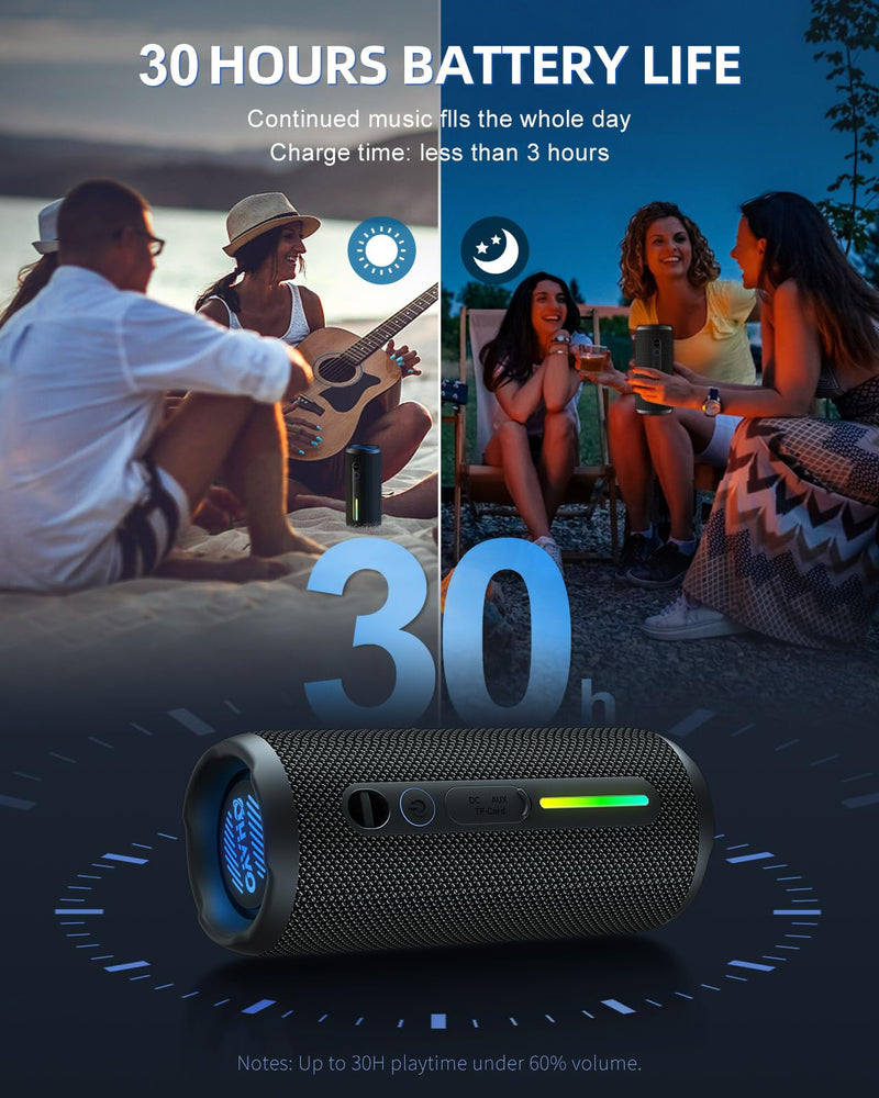 OHAYO Portable Bluetooth Speaker, IPX7 Waterproof, 24W Stereo, LED Lights | IPX7 waterproof, 30H playtime, TWS pairing, RGB lights, Bluetooth 5.3 - pool, beach, camping, shower Black