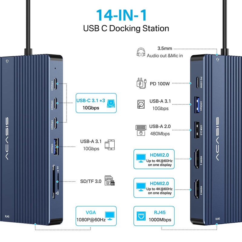 ACASIS USB C Docking Station Dual HDMI Monitor,14 in 1 Laptop Docking Station 3 Monitors, 2 * 4K HDMI+1080p VGA+100W PD+Ethernet+5*USB 3.1+SD/TF+Audio Adapter, USB C Hub for Dell/Lenovo/HP/ThinkPad Grey