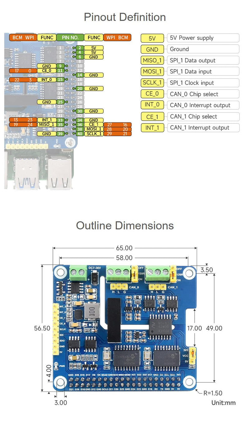 2-Channel Isolated CAN Bus Expansion HAT for Raspberry Pi 5/4B/3B/2B/Zero/Zero W/Zero WH/Jetson Nano 2-CH CAN HAT+ Stackable Design for Expanding Multiple CAN Channel