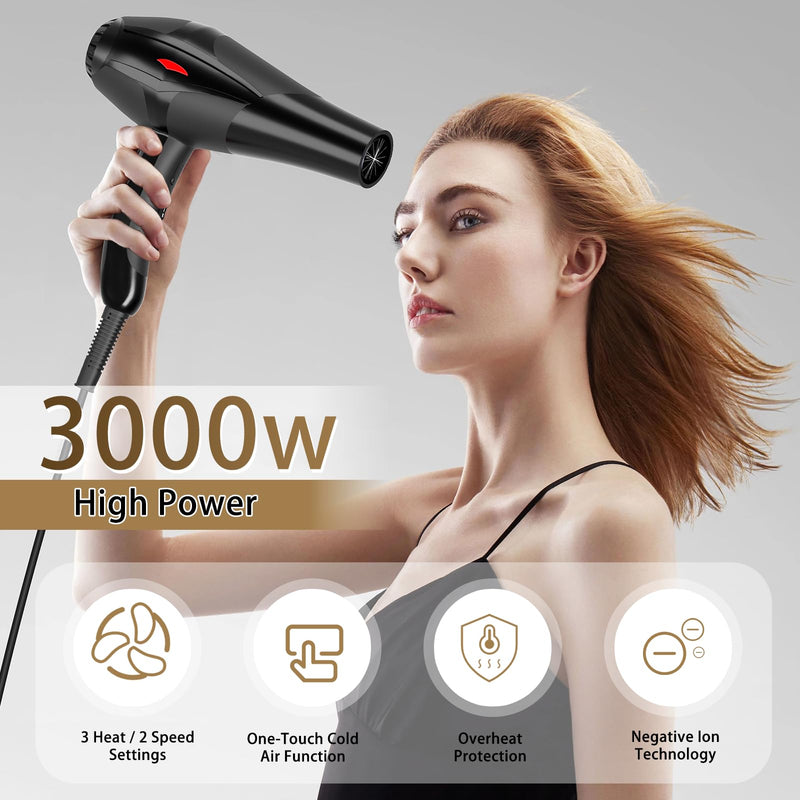 Hair Dryer, 3000W Professional Ionic Hairdryer for Women Men, Fast Drying Blow Dryer with Diffuser 2 Speed 3 Heat Setting and Cool Button for Salon Home Hair Styling Black