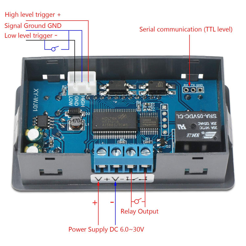 DROK Delay Relay Module, DC 6-30V Timer Relay 12V 24V 0.01s-9999min 50mA Digital Timer Cycle Delay Switch Module AC 220V Power On-Off Controller with LCD Display Switch Button Case 10A