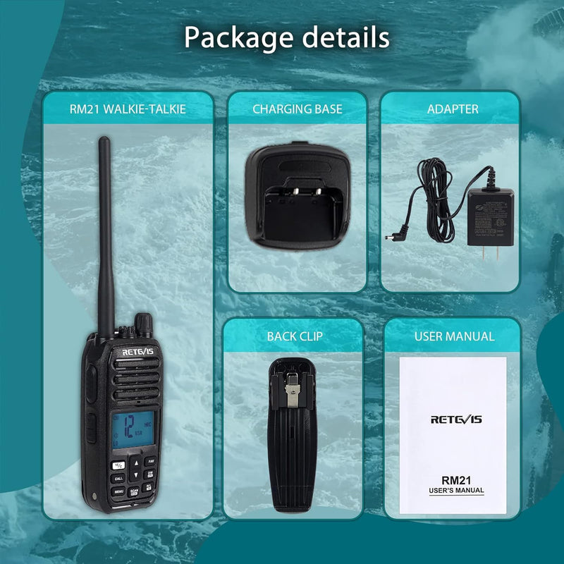 Retevis RM21 Floating Marine Radio, 1/3/5 W, IP67 VHF Radio Marine, Submersible, 1-Press AI Noise Reduction, 1800mAh, 88 Global Channels, NOAA, Boat Radio for Fishing Angler Sailling (1 Pack)
