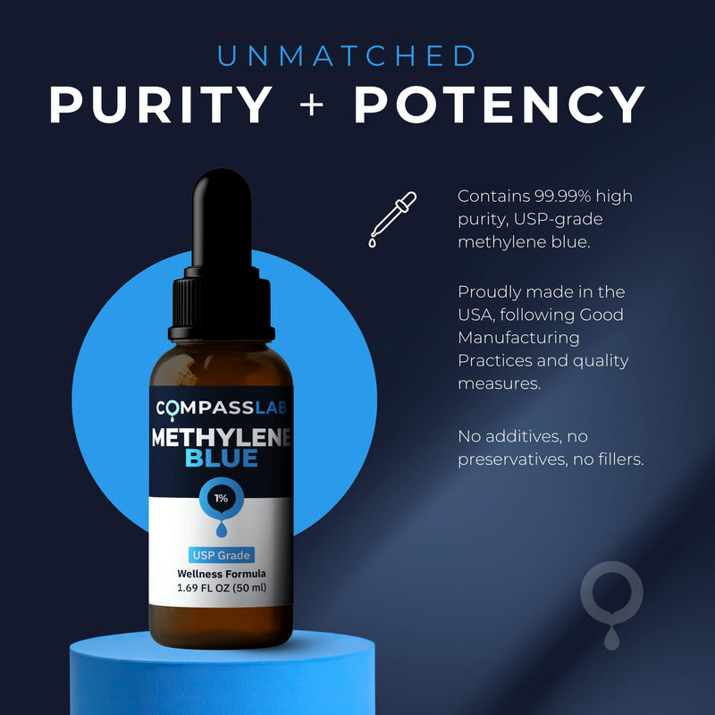 Compass Laboratory Methylene Blue 1% Solution | USP-Grade Research Formula | Premium Purity, Practitioner-Directed Use | 50 mL Amber Glass Dropper Bottle | Made in USA