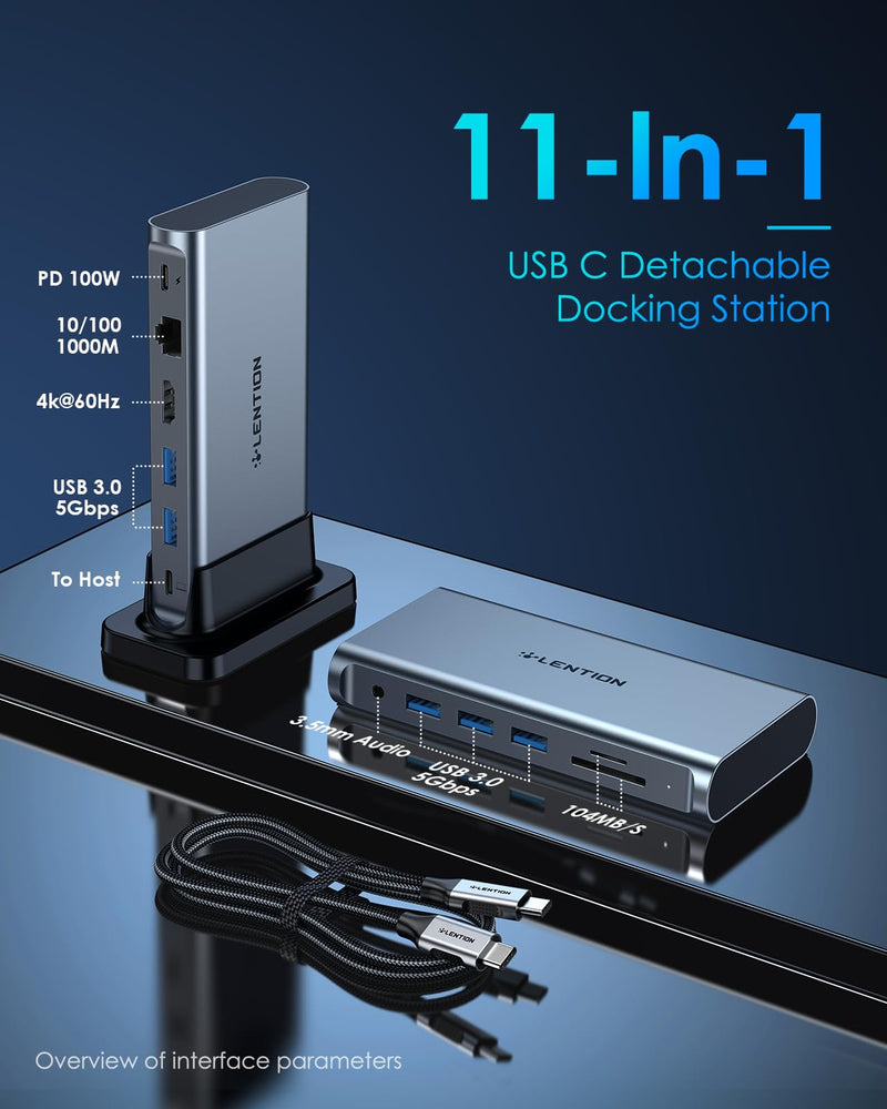 LENTION 11-in-1 USB C Docking Station with 4K@60Hz HDMI, 100W PD, Ethernet, 5xUSB 3.0, SD/TF, Vertical Space-Saving Design for MacBook Pro/Air M1/M2, Dell, HP, Lenovo, Surface Laptop (D54, Space Gray)