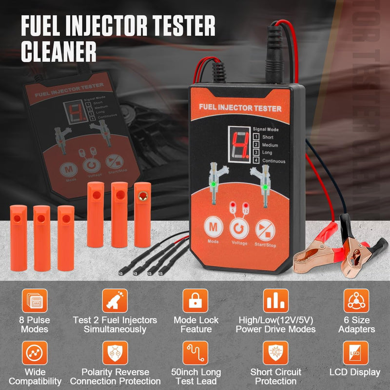 Fuel Injector Tester Cleaner Tool Kit 8 Pulse Modes Injector Tester 2 Fuel Injector Test Simultaneously DIY Cleaning Tools with 6 Injector Cleaner Adapters&50in Wire for 12V/5V Car Motorcycle Injector