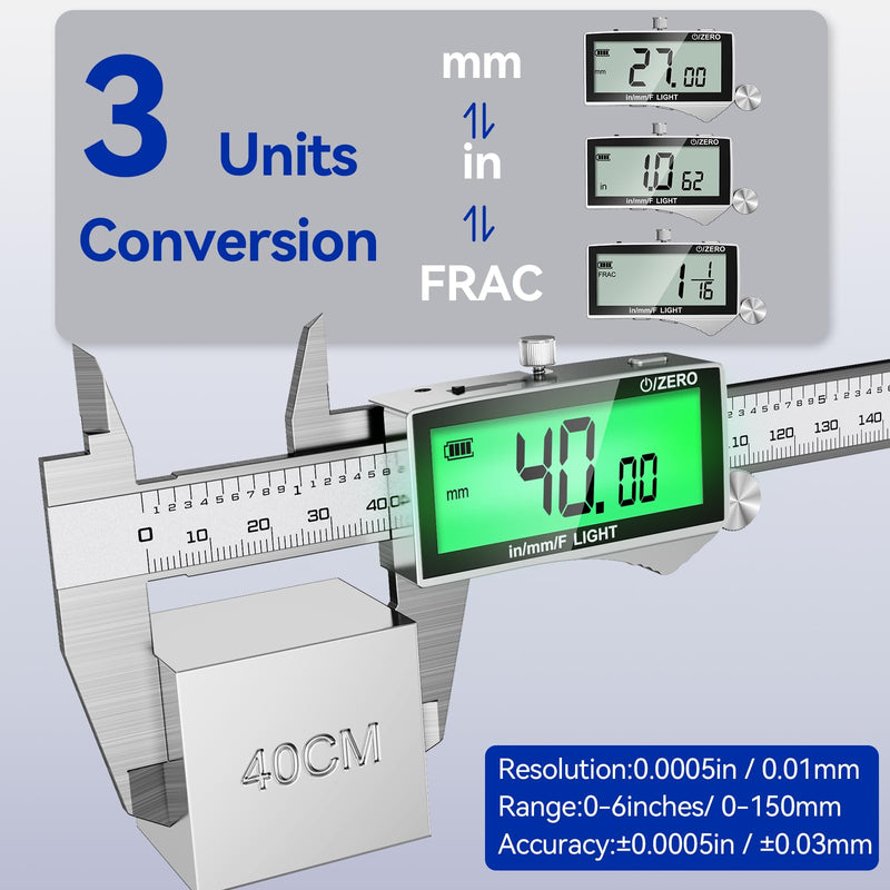 Rechargeable Digital Caliper 6 Inch, High-Precision Stainless Steel Vernier Caliper with Backlight, Support MM/in/F, Type-C Charging, LCD Screen Measuring Tool White