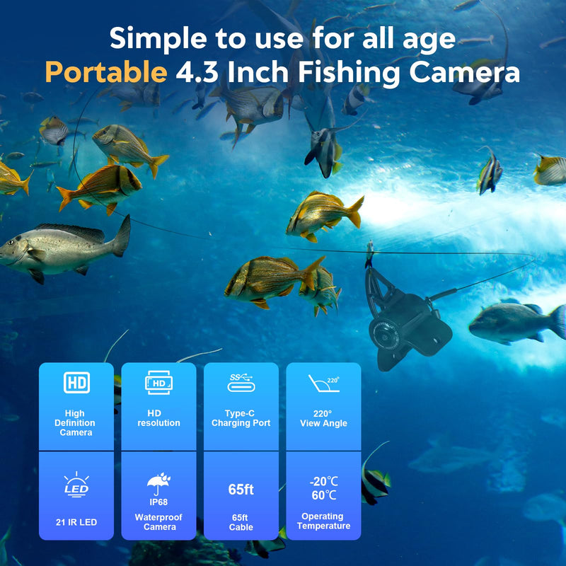 4.3inch Underwater Fishing Camera,65ft Cable 220° Ultra Wide Angle 21pcs IR Lights with Night Vision,Portable Storage Bag,5000mAh Fish Finder for Ice Fishing,Lake,Boat,Kayak Gold