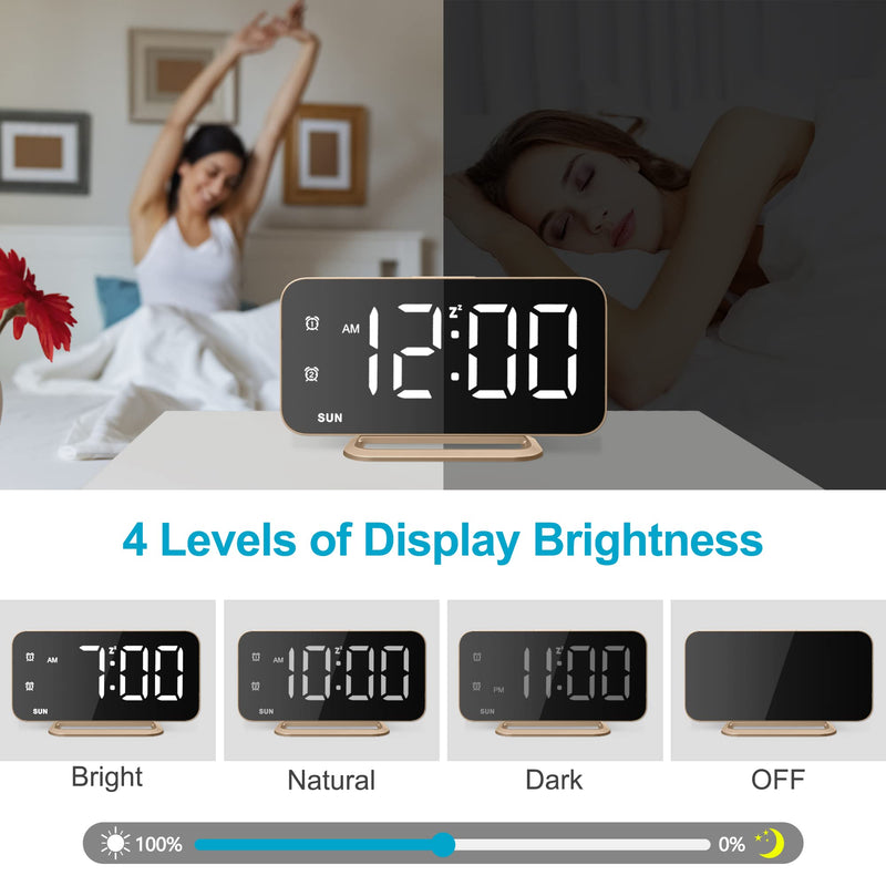 Slim LED Digital Alarm Clock, Mirror Surface for Makeup, with Diming, Large Display, Easy Setting, USB Charger Ports, Modern Bedroom, Desk, Office Living Room Decor, Christmas Birthday for Women Girl Gold