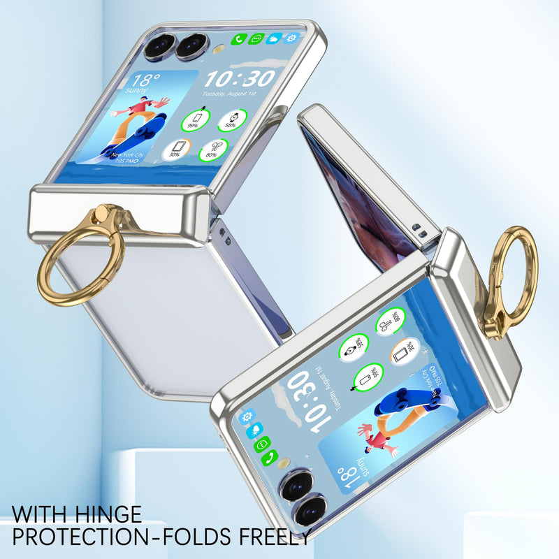 Designed for Samsung Galaxy Z Flip 8 Case with Ring Holder Hinge Protection | Ultra Slim Crystal Plating Protective Cover Case with Screen Protector for Z Flip 8 Clear Silver Clear Silver B
