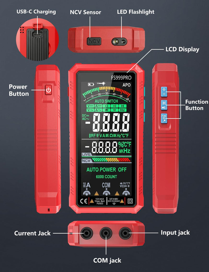 Digital Multimeter, Auto-Ranging Smart Electrical Tester, 6000 Counts TRMS, USB-C Rechargeable, Easy-to-Read Color Display, NCV Detection for Home, Automotive & DIY Use