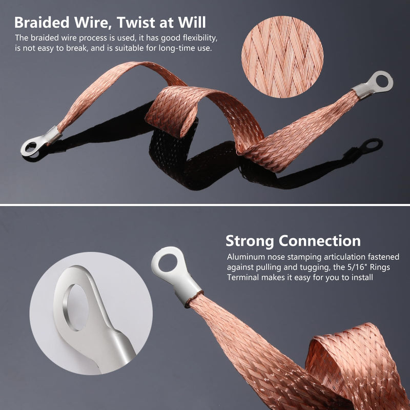 4PCS Universal Automotive Flat Braided Copper Ground Strap, 12" x 1/2" Professional Engine Grounding Cable Straps with Terminal Plugs,Vehicle Ground Strap, Tinned Copper Grounding Strap Wire for Cars 4PC 12Inch