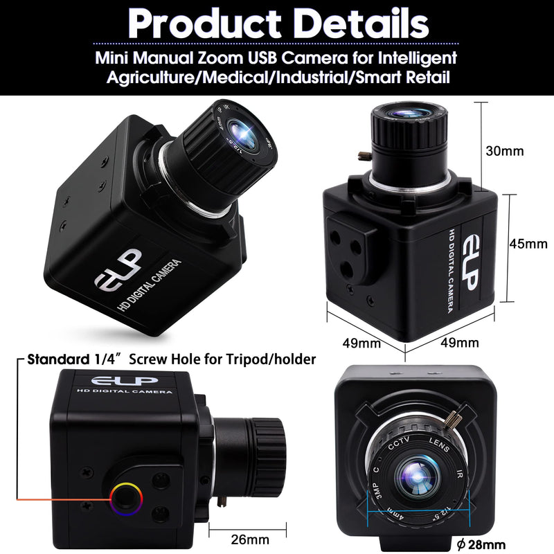 ELP USB Camera Manual Zoom 4mm Lens Prototype Camera 2Megapixel 1080p Webcam Cmos OV2710 Webcamera High fps 100fps Web Cam Security Surveillance Dog Pet Baby Video Monitoring USB Cameras for Most OS