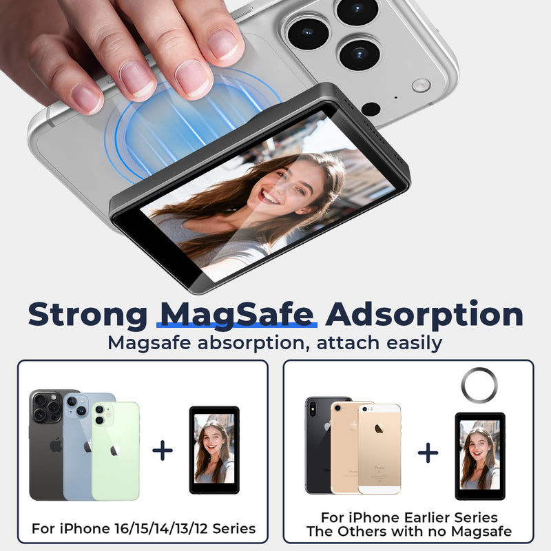 Selfie Monitor Screen iPhone, Magnetic Back Camera Monitor iPhone & Android | Wireless Vlog Screen with 164 ft Remote Zoom Shoot, Built-in Speaker, 1500mAh Battery, for Vlogging Live Stream Black