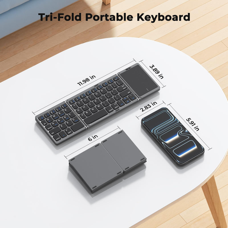 MEETION Foldable Bluetooth Keyboard with Touchpad, Portable Wireless, Gray | Ultra-slim rechargeable folding keyboard with built-in touchpad, full-size keys, idea for travel, iOS/Android/Windows Grey Black
