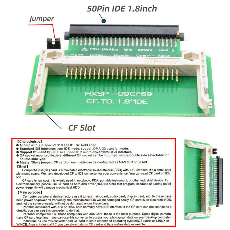 CF Compact Flash Memory Card True-IDE Mode to 50pin 1.8 Inch IDE Hard Drive HDD SSD Converter Adapter Supports Master Slave Mode CF to 50Pin IDE