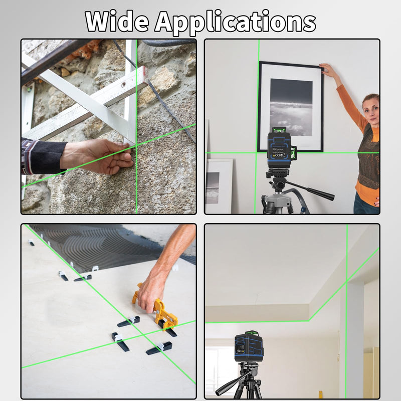 Laser Level 360 Self Leveling, 3 x 360° Cross Line Lazer Leveler Tool for Construction and Picture Hanging, Rechargeable Nivel Laser Outdoor, L-Magnetic Bracket Included 12 Line-Green