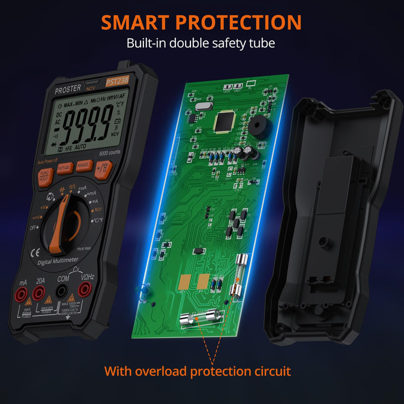 Proster Digital Multimeter 6000 Count - TRMS Voltmeter Multimetro Digital Auto Range Multimeter Tester, NCV Detector DC AC Voltage Current Meter Updated 6000 Count