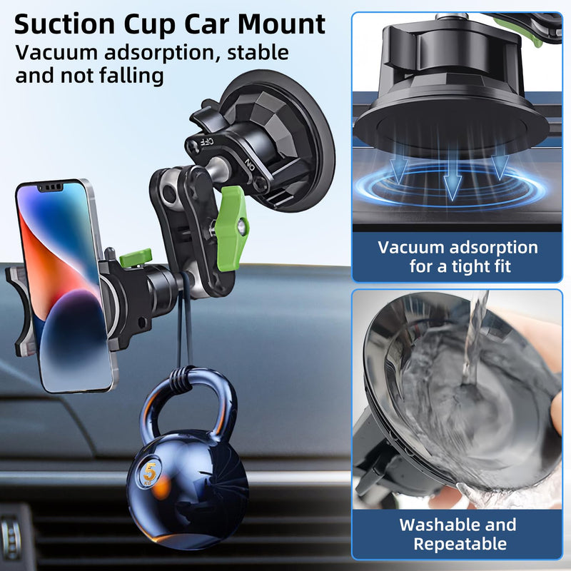 HEMMOTOP Suction Cup Car Phone Holder, 12in, Metal | Vibration Resistance, Heavy Duty, 360° Rotation, Strong Suction for Windshield, for iPhone All Smartphone & Cars Truck Clamp