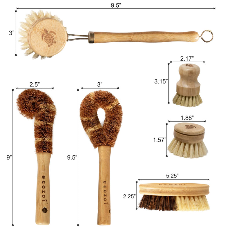 Ecozoi Bamboo Dish Brush Set, 6 Piece for Vegetable, and Kitchen Dish Cleaning, Sisal & Coconut Fibers with Bamboo Handles, Kitchen Brushes for Dishes, Pots, Pans