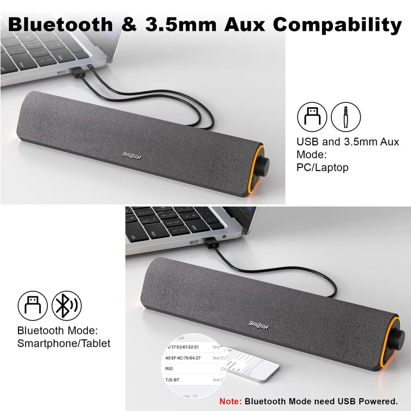 SOULION R50 Bluetooth Computer Speakers, 3.5mm PC Sound Bar for Desktop Monitor, Wired USB Powered & Colorful LED Lights with Switch Button, Surround Sound Soundbar PC Spearkers for Computer Dark Grey