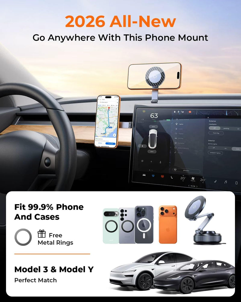 Vacuum Magnetic Car Phone Holder for Magsafe, Long Arm for Tesla Model Y/3 | All Metal, Nano Gel 119+LBS Max Suction,Foldable Hidden Tesla Phone Mount,360°Rotation,Easiest Car Mount for iPhone & Android Black