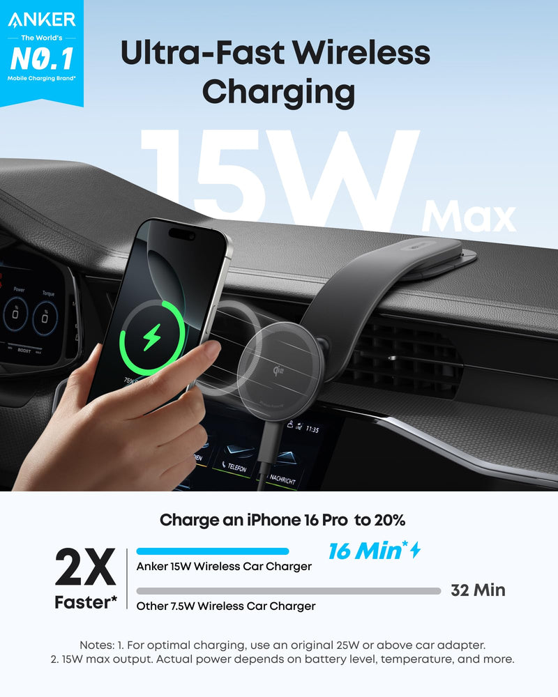 Anker Nano Magnetic 15W Car Charger with Alloy Bracket Wireless | Qi2-Certified 360-Degree Adjustable Mount with Detachable Pad, for iPhone 17 / 16 / 15 / 14 / 13 Series (Adapter Included)