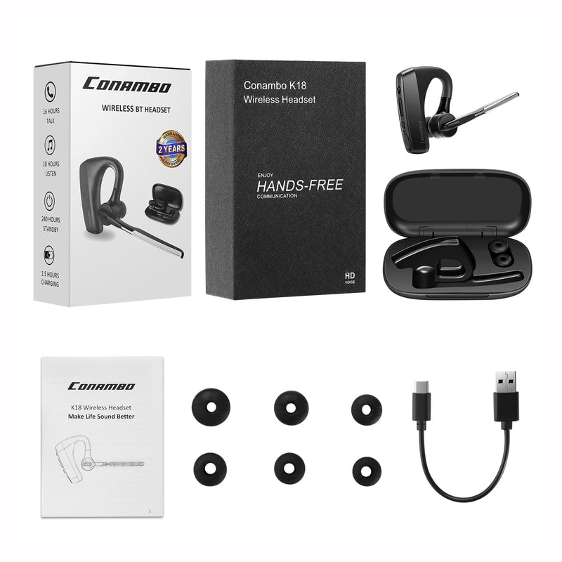 Conambo Bluetooth Headset with Dual Mic Noise Canceling & Mute Button Wireless Earpiece 16 Hrs Talking for Home Office Trucker – Compatible with iPhone Android Phone (K18) Black