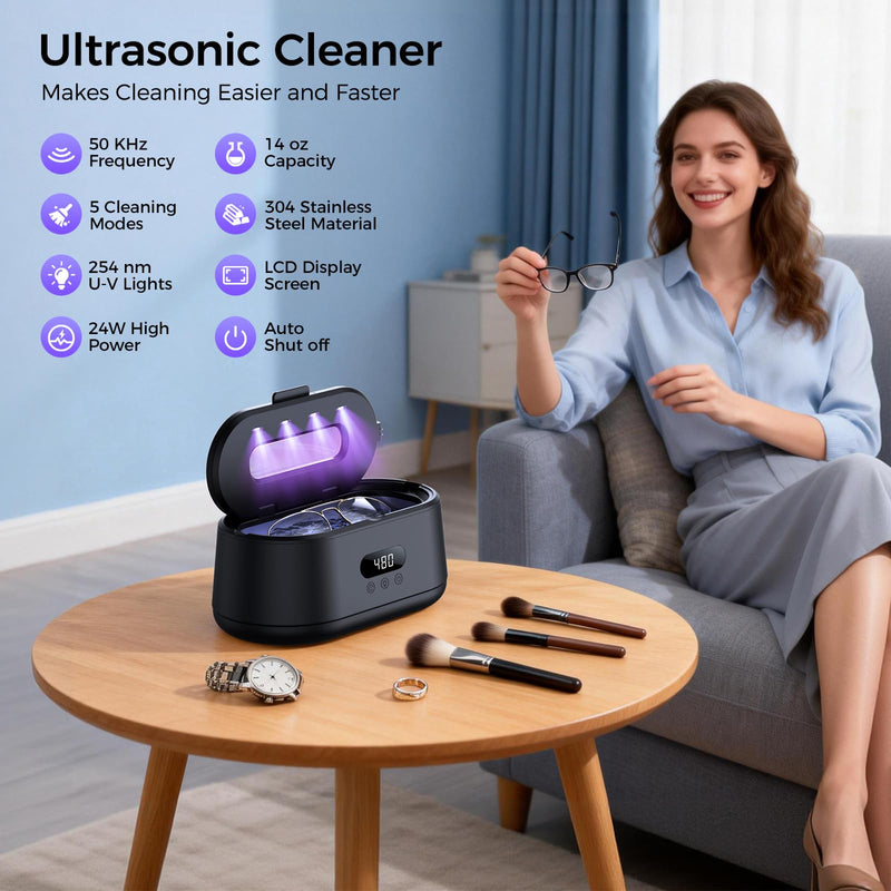 Ultrasonic Jewelry Cleaner, 50KHz Ultrasonic Cleaner Machine, Dual Modes & LED Display, 5 Cleaning Modes, 24W Sonic Cleaner for Jewelry, Eyeglasses, Watches, Rings, Watch Strap,Dentures Black