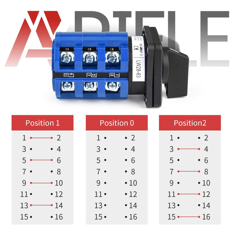 APIELE Changeover Selector Switch 63A 3 Position 16 Terminals Poles 440V Universal Rotary Cam Selector