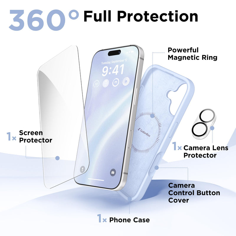 GolbinBox for iPhone 17 Case, Compatible with MagSafe, Baby Blue | Screen Protector + Camera Lens Protector, Liquid Silicone, Shockproof Phone Cover with Anti-Scratch Microfiber Lining For Iphone 17 (6.3 Inch, 2 Lens)