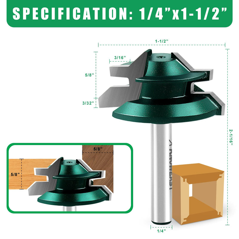 Knoweasy 45 Degree Lock Miter Router Bit Set with 1/4 Inch Shank, 3-Piece for Woodworking Projects, Includes 1/2, 5/8 and 3/4 Inch Cutting Heights, Precision Joinery Tool for Strong Miter Joints