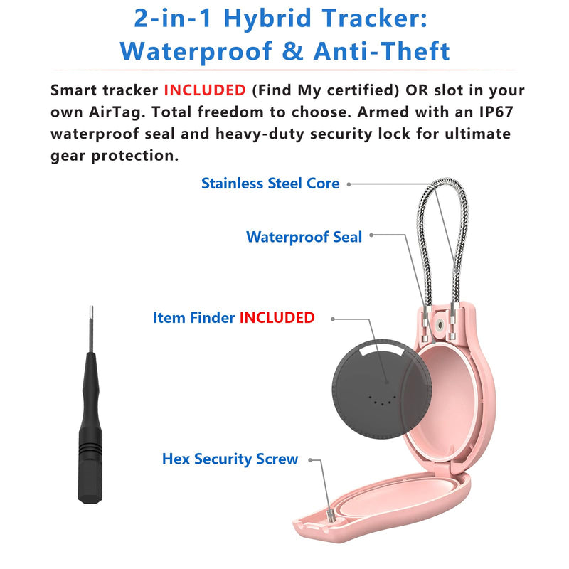 Pro 2-in-1 Waterproof Luggage Tracker & QR Code [iOS Only], 1-Pk | Works with Apple Find My | Lost-and-Found QR Code | Anti-Theft & Anti-Collision | Flight-Safe Replaceable Coin Cell Battery Pink iOS Only