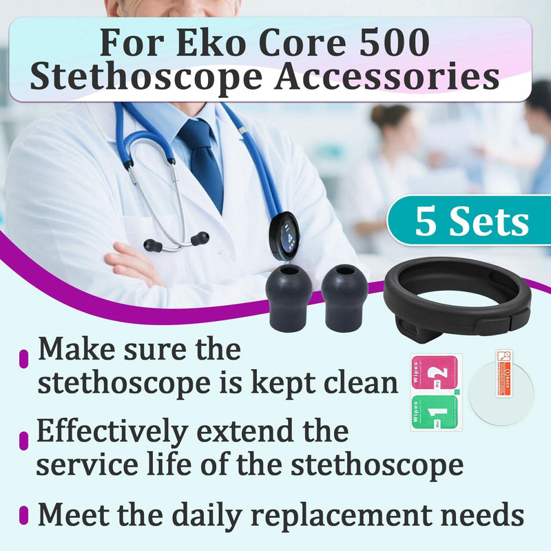 5 Sets Protection Kits Compatible with EKO Core 500 Digital Stethoscope Accessories - 5 Pcs Silicone Protective Cases, Tempered Screen Protectors, Alcohol Packs and 10 Pcs Ear Tips