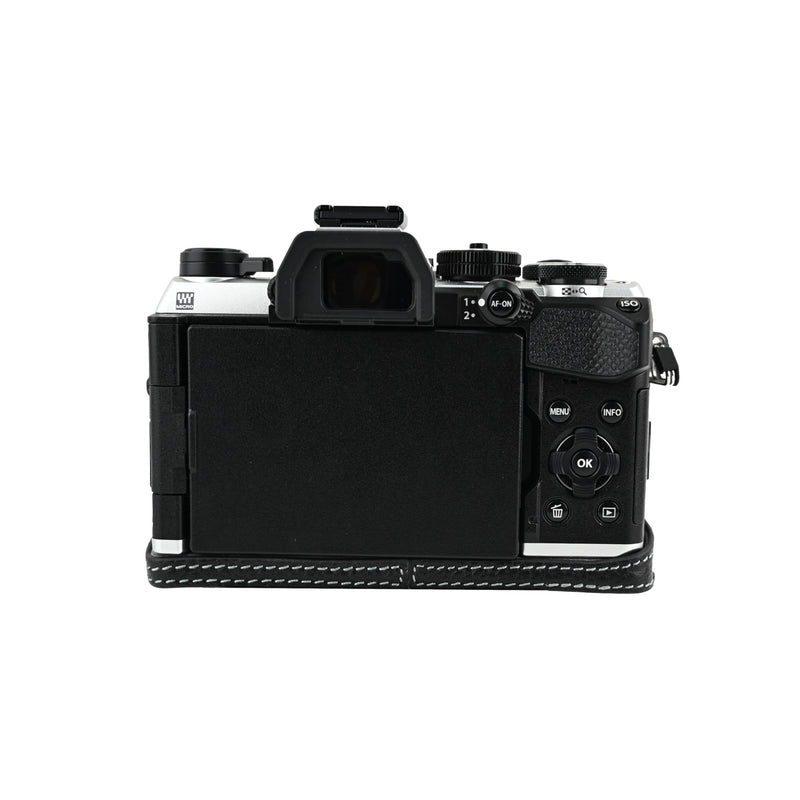 OM-5 Mark II Case, Litchi Handmade Genuine Real Leather Half Camera Case Bag Cover for Olympus System OM-5 Mark II Bottom Opening Version + Neck Strap (Black) Black