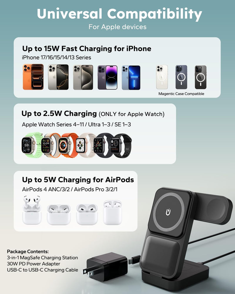 15W Travel Charging Station 3 in 1 Fast Charger Stand for Magsafe | Foldable Compact, Magnetic Wireless Charger Stand for iPhone, Phone Charging Dock for Apple Watch/AirPods(With 30W Adapter) Black