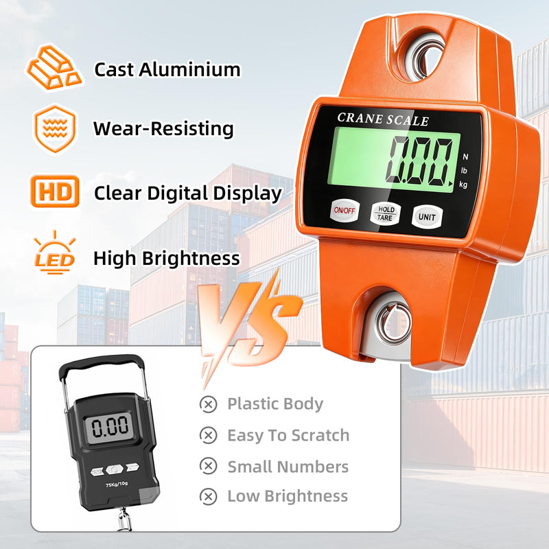 Digital Hanging Scale, 1100lb/500kg Handheld Crane Scale, Small Crane Scale with LCD Display and Hooks, Aluminum Alloy Body for Hunting, Outdoor, Luggage, Farm (Orange) Orange-1100lb