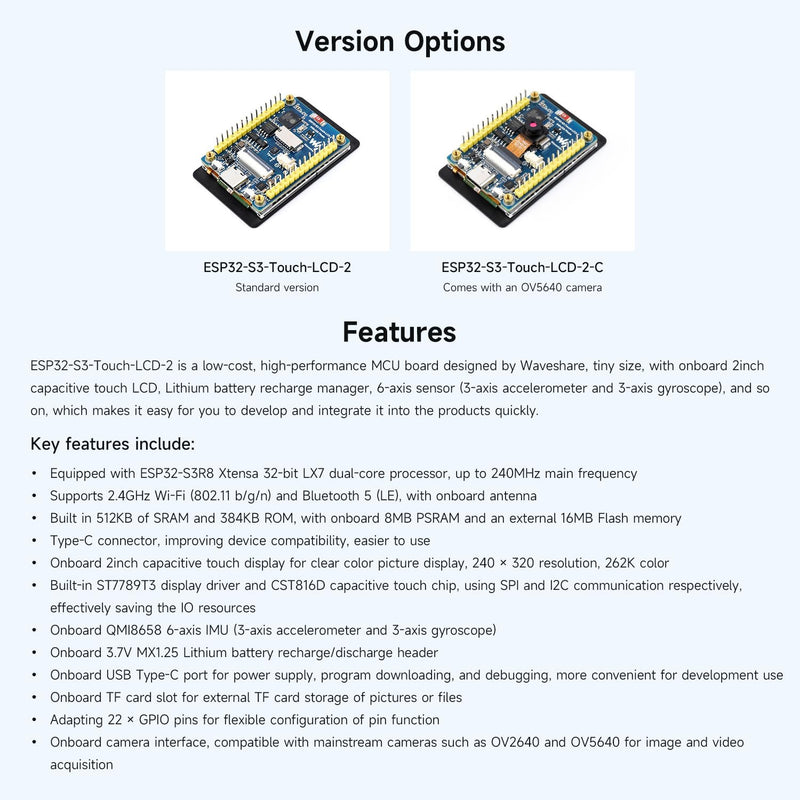 waveshare ESP32-S3 2inch Capacitive Touch Display Development Board, 240×320 Pixels, IPS Panel, 32-bit LX7 Dual-core Processor, Onboard Camera Interfac, Include OV560 Camera