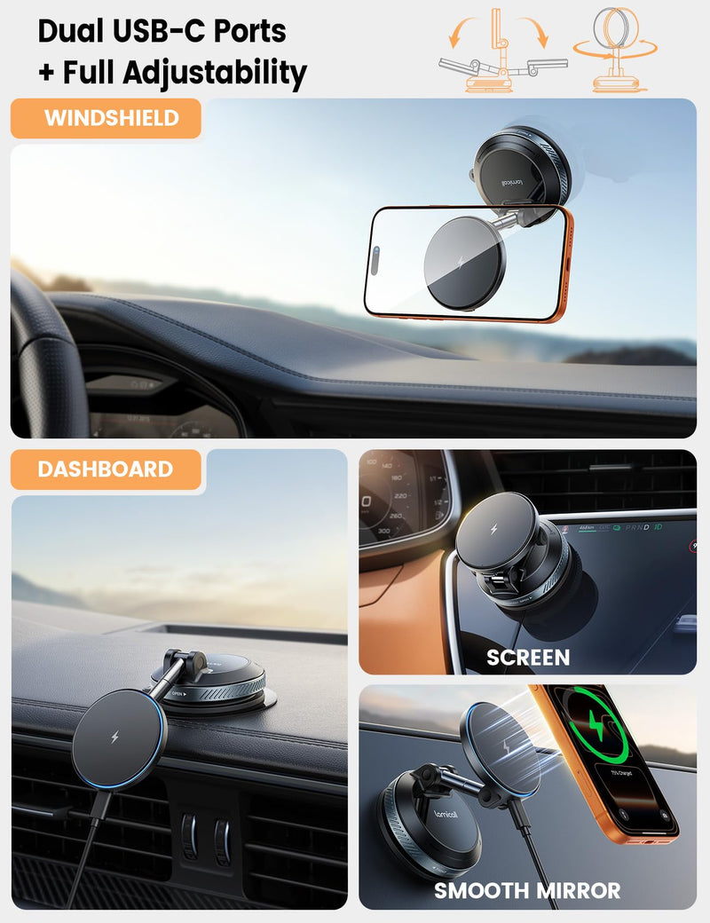 Lamicall 15W for MagSafe Car Mount Charger, 360° Wireless Car Phone Holder | Dual USB-C Ports Magnetic Phone Holder for Car, 70 LBS Vacuum Suction Phone Mount for iPhone 17 16 Pro Max Truck Jeep Black 64 mm